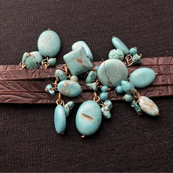JENNY RABELL Turquoise Stone Charm, Hand Tooled Leather & Brass Adjustable Brace - Picture 5 of 14